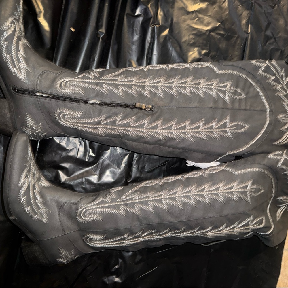 Black and Gray Embroidered Knee-High Boots